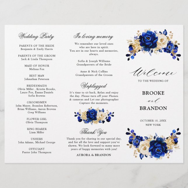 Royal Blue Yellow Gold Floral Wedding Programme (Devant)