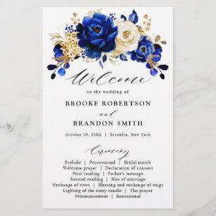Royal Blue Yellow Gold Floral Wedding Programme