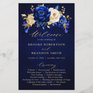 Royal Blue Yellow Gold Floral Wedding Programme