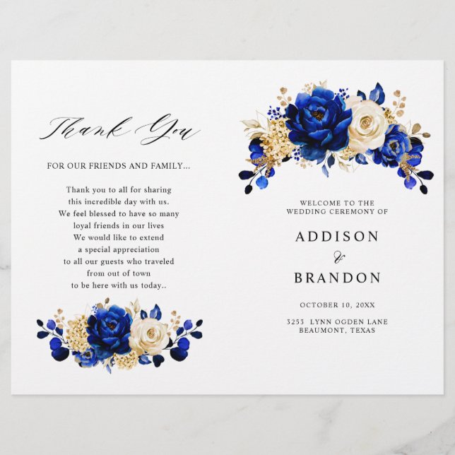 Royal Blue Yellow Gold Floral Wedding Programme (Devant)