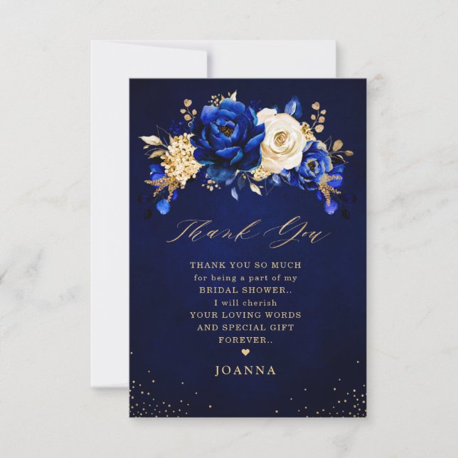 Royal Blue Yellow Gold Metallic Brautparty als Dankeskarte (Vorderseite)