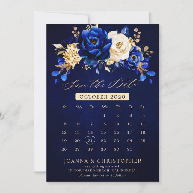 Royal Blue Yellow Gold Metallic Floral calendar Sa Save The Date (Vorderseite)