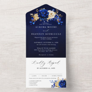 Royal Blue Yellow Gold Metallic Floral Wedding All In One Einladung