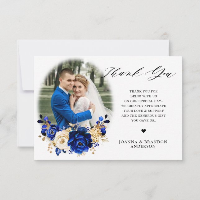 Royal Blue Yellow Gold Metallic Floral Wedding Dankeskarte (Vorderseite)