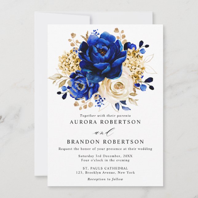 Royal Blue Yellow Gold Metallic Floral Wedding Einladung (Vorderseite)