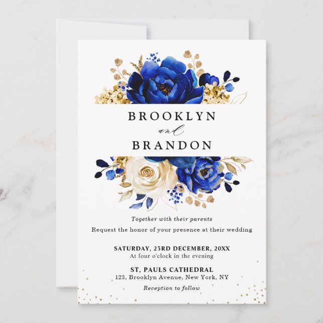 Royal Blue Yellow Gold Metallic Floral Wedding Einladung (Vorderseite)