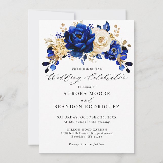 Royal Blue Yellow Gold Metallic Floral Wedding Einladung (Vorderseite)