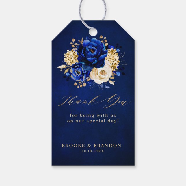 Royal Blue Yellow Gold Metallic Floral Wedding Gif Geschenkanhänger (Vorderseite)