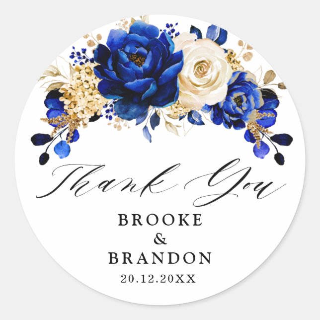 Royal Blue Yellow Gold Metallic Floral Wedding Runder Aufkleber (Vorderseite)