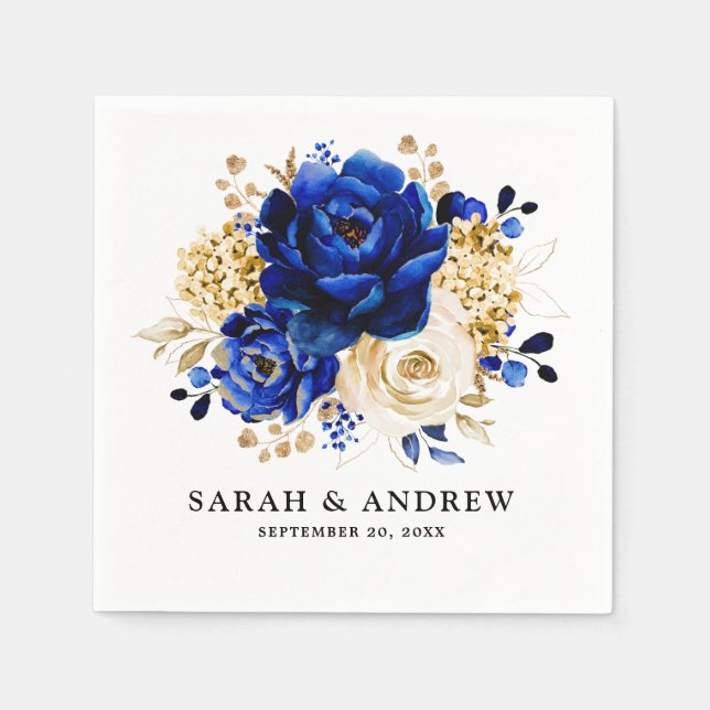 Royal Blue Yellow Gold Metallic Floral Wedding Serviette (Vorderseite)