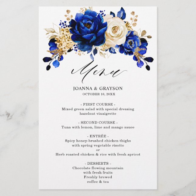 Royal Blue Yellow Gold Metallic Wedding Menu (Vorderseite)