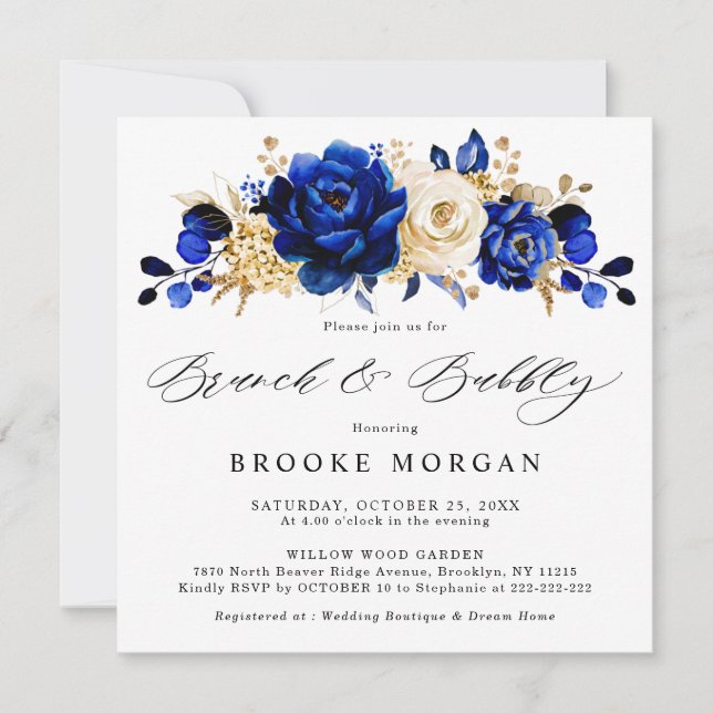 Royal Blue Yellow Metallic Brunch und Bubbly Einladung (Vorderseite)
