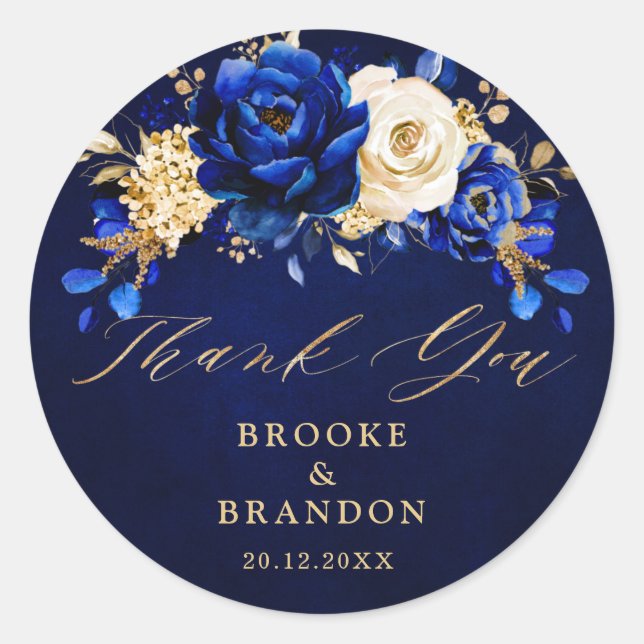 Royal Blue Yellow Metallic Floral Wedding Cla Runder Aufkleber (Vorderseite)