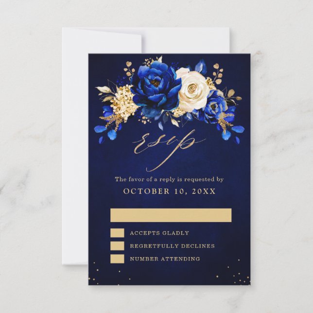 Royal Blue Yellow Metallic Floral Wedding RSV RSVP Karte (Vorderseite)