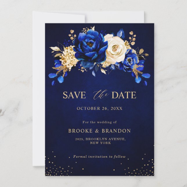 Royal Blue Yellow Metallic Floral Wedding Sav Save The Date (Vorderseite)
