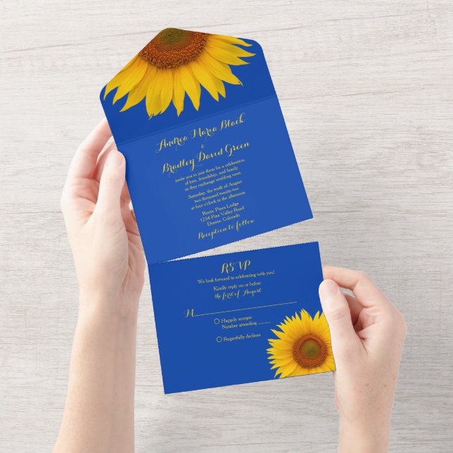 Royal Blue Yellow Sunflower Wedding RSVP All In One Einladung (Abreißen)