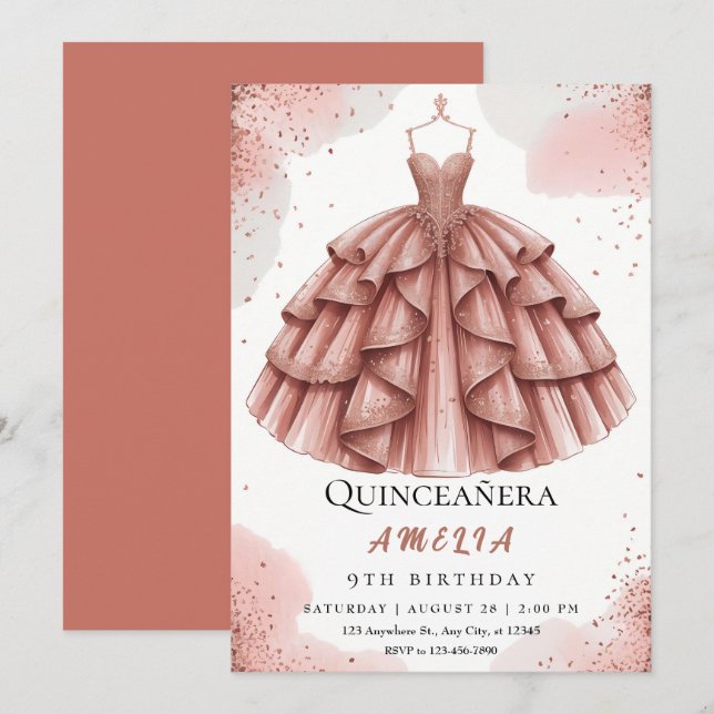 Royal Blush Pink & Rose Gold Quinceñera Einladung (Vorne/Hinten)