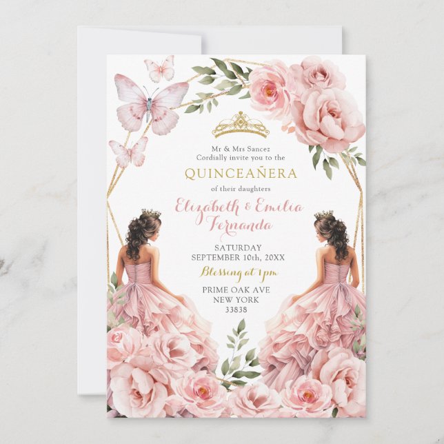 Royal Blush Pink Twins Geometric Quinceañera Einladung (Vorderseite)