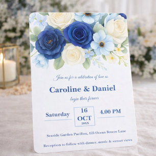 Royal Bue Wedding Watercolor Elfenbeinküste Blume Einladung