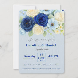 Royal Bue Wedding Watercolor Elfenbeinküste Blume Einladung