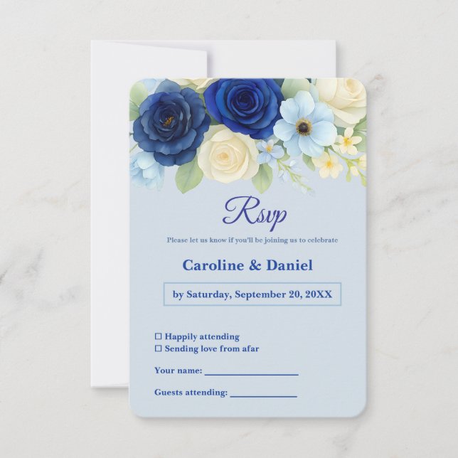 Royal Bue Wedding Watercolor Elfenbeinküste Blume RSVP Karte (Vorderseite)