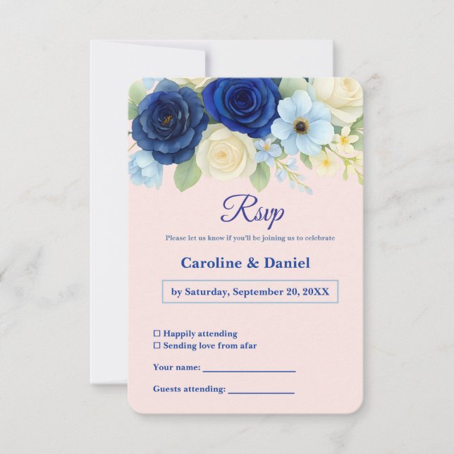 Royal Bue Wedding Watercolor Elfenbeinküste Blume RSVP Karte (Vorderseite)