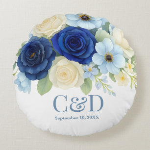 Royal Bue Wedding Watercolor Elfenbeinküste Blume Rundes Kissen