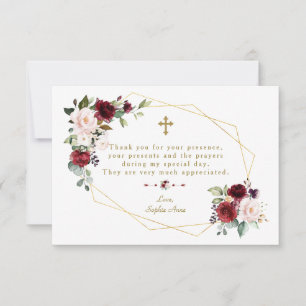 Royal Burgundy Blume Gold Frame Cross Taufe Dankeskarte