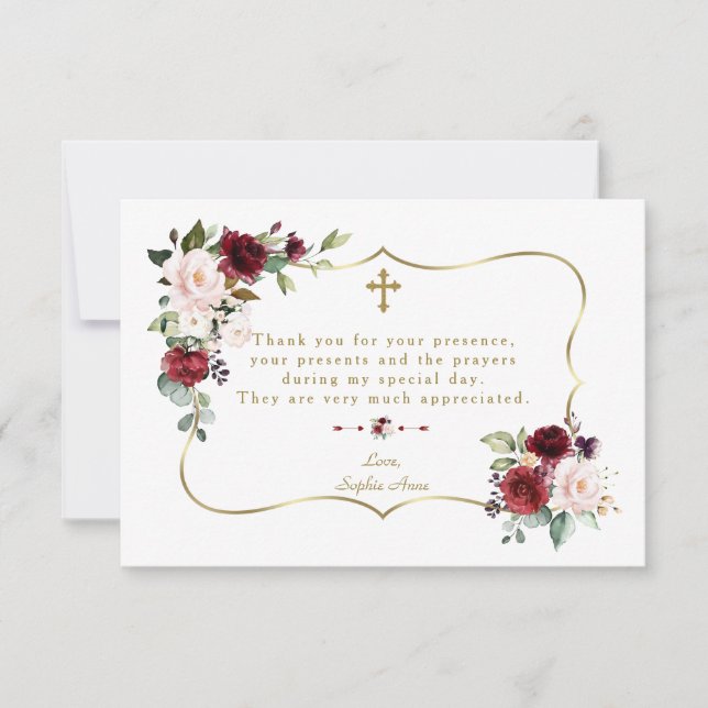 Royal Burgundy Blume Gold Frame Girl Taufe Dankeskarte (Vorderseite)