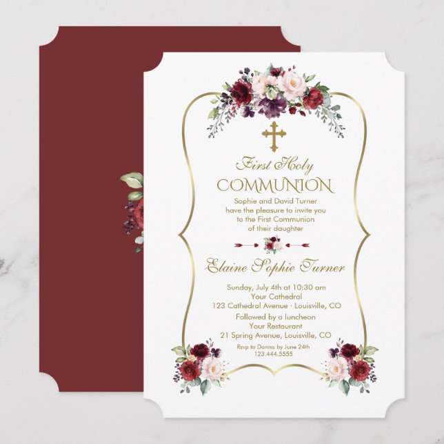 Royal Burgundy Blush Blume Erste Heilige Kommune Einladung (Vorne/Hinten)
