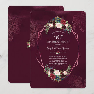 Royal Burgundy Floral Geometric 50. Geburtstag Einladung