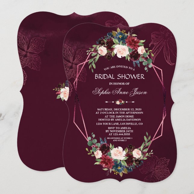Royal Burgundy Floral Geometric Brautparty Einladung (Vorne/Hinten)