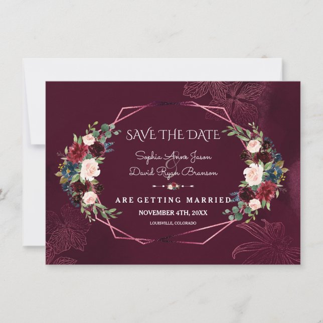Royal Burgundy Floral Geometric Save the Date (Vorderseite)