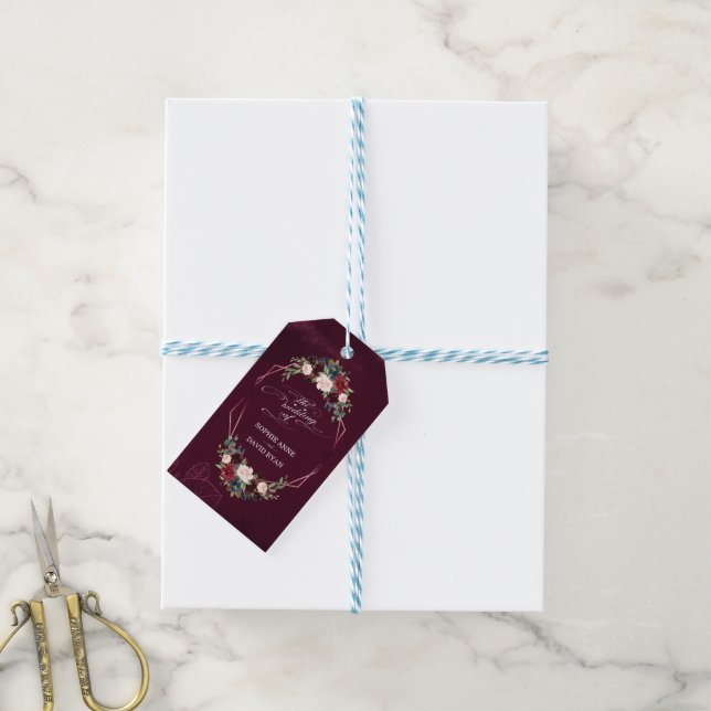 Royal Burgundy Floral Geometric Wedding Geschenkanhänger (Mit Garn)