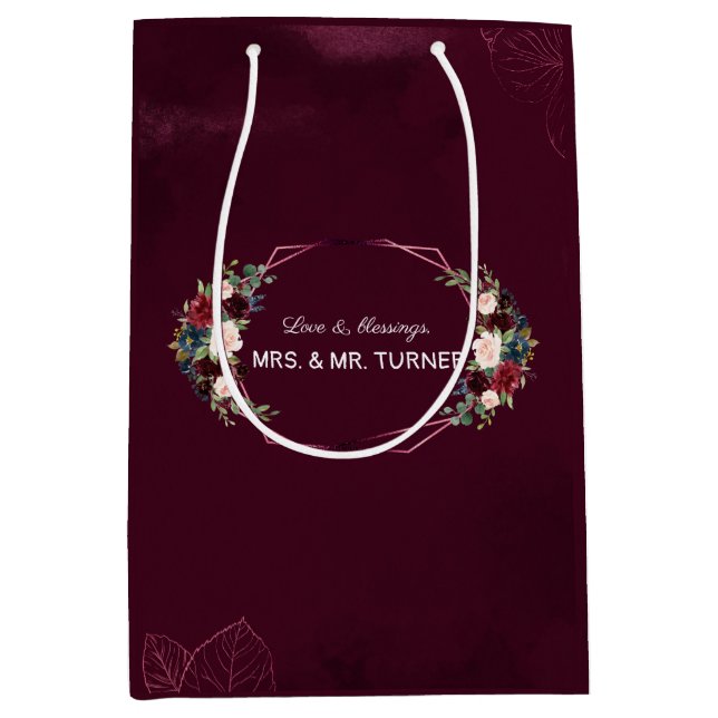 Royal Burgundy Floral Geometric Wedding Mittlere Geschenktüte (Vorderseite)