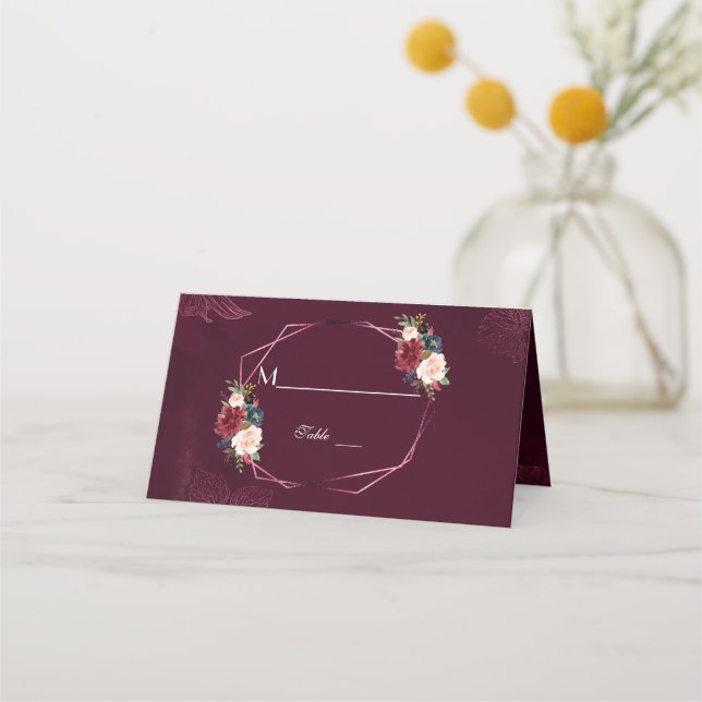 Royal Burgundy Floral Geometric Wedding Platzkarte (Rückseite)