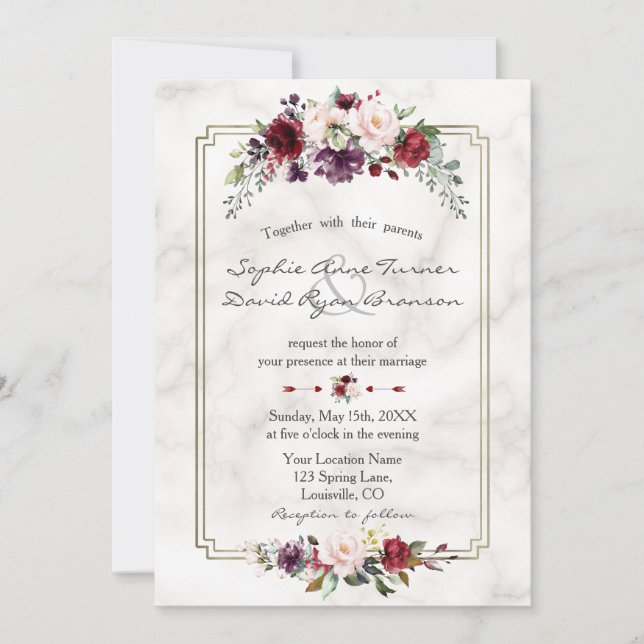 Royal Burgundy Floral Gold Marmor Monogram Wedding Einladung (Vorderseite)