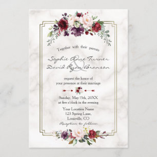 Royal Burgundy Floral Gold Marmor Monogram Wedding Einladung