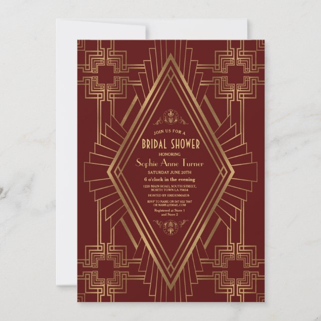 Royal Burgundy Gold Great Gatsby Brautparty Einladung (Vorderseite)