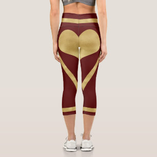 Royal Burgundy Gold Herz Streifen Capri Leggings