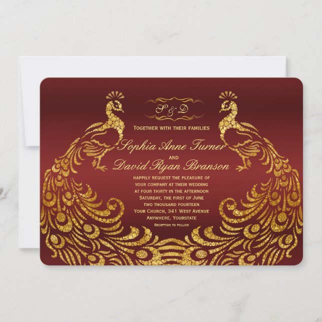 Royal Burgundy Gold Peacock Faire-part de mariage (Devant)