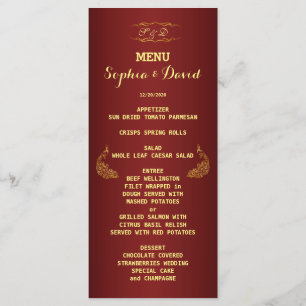 Royal Burgundy Gold Peacock Mariage Menu Personnal