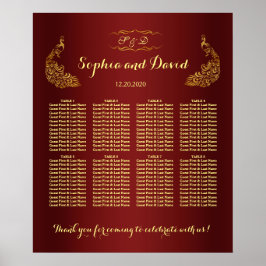 Royal Burgundy Gold Peacock Wedding Chart Poster