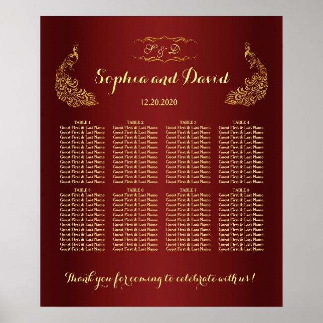 Royal Burgundy Gold Peacock Wedding Chart Poster (Vorne)