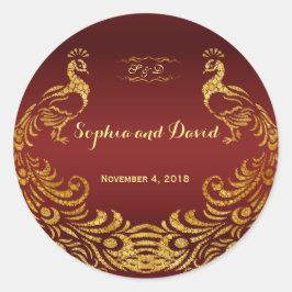 Royal Burgundy Gold Peacock Wedding Custom Runder Aufkleber