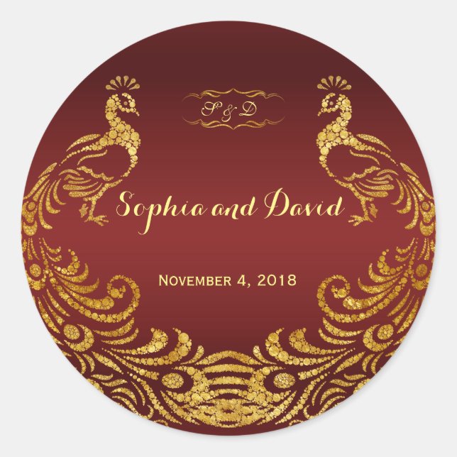 Royal Burgundy Gold Peacock Wedding Custom Runder Aufkleber (Vorderseite)