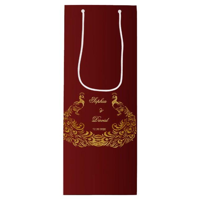 Royal Burgundy Gold Peacock Wedding Geschenktüte Für Weinflaschen (Vorderseite)