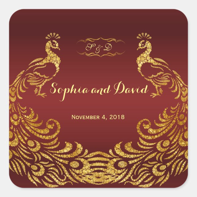 Royal Burgundy Gold Peacock Wedding Quadratischer Aufkleber (Vorderseite)