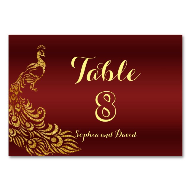 Royal Burgundy Gold Peacock Wedding TISCHNUMMER (Vorderseite)