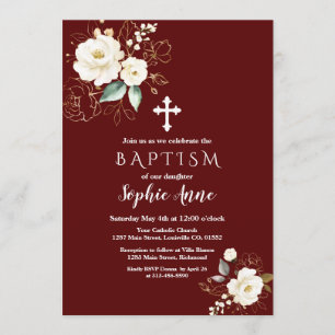 Royal Burgundy Gold White Blume Girl Baptisse Einladung